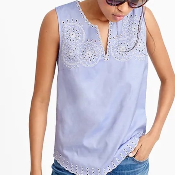 J. Crew Blue White Embroidered Eyelet Sleeveless Chambray Top Size 6 - Picture 2 of 15